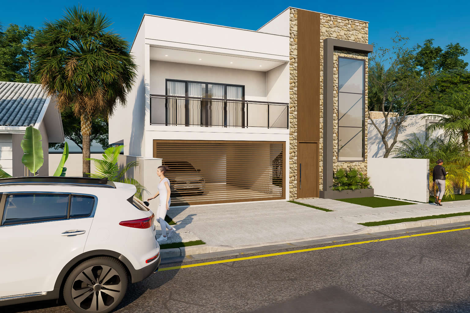 Renderização arquitetônica de alto padrão ao entardecer